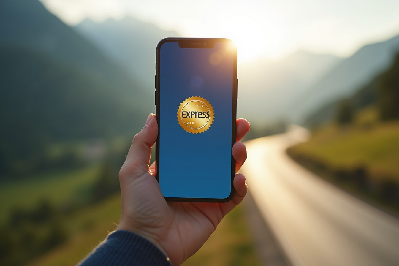 Hand hält Smartphone mit Express-Vignettenbestätigung vor Schweizer Landschaft