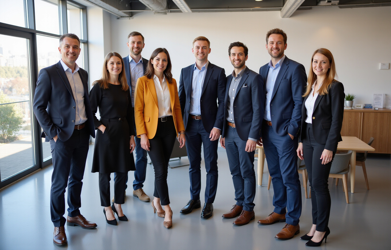 Professionelles Team von Vignette Suisse Premium in modernem Büro mit Blick auf Zürich